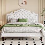 Allewie Full Size Bed Frame with Adjustable Velvet Tiara Headboard, Upholstered Diamond Button Tufted Platform Bed, Wood Slats Support, No Box Spring Needed, White