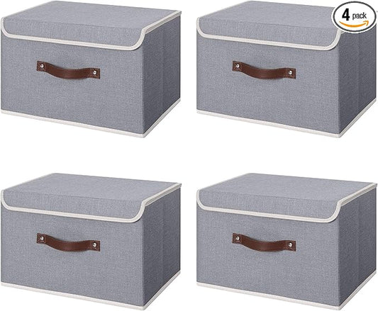 ANMINY 4PCS Storage Bins with Lid PU Leather Handles Storage Boxes PP Plastic Board Decorative Foldable Lidded Cotton Linen Fabric Home Cubes Baskets Closet Organizer Containers - Gray, Large Size