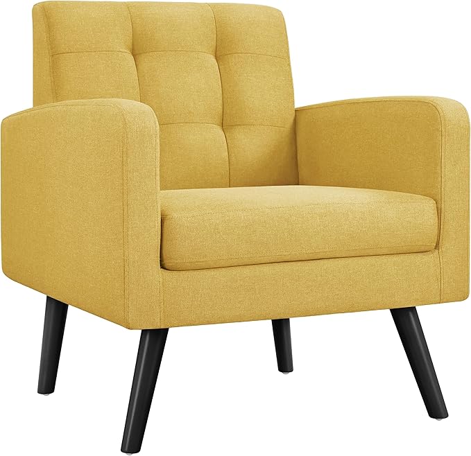 Yaheetech Mid-Century Accent Chairs, Modern Upholstered Living Room Chair, Cozy Armchair Button Tufted Back and Wood Legs for Bedroom/Office/Cafe, Yellow