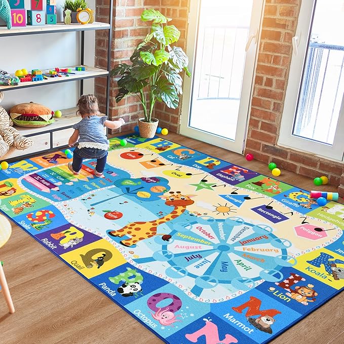 Kids Rugs for Playroom Washable, Educational and Fun Learning Rugs with ABC Alphabet Animals Shapes, Baby Toddler Children's Play Mat for Bedroom Classroom Nursery, 5x7 Feet, Blue