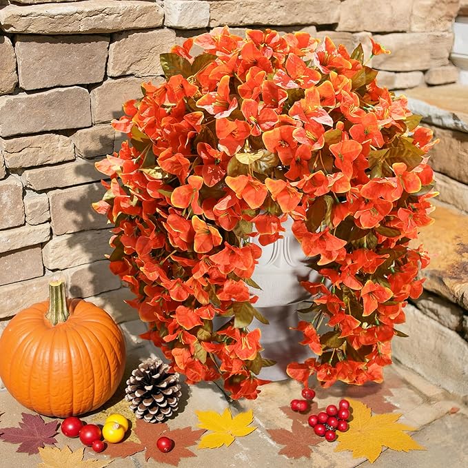 Bougainvillea Artificial Flowers Plants for Outdoors Outside Fall Autumn Decor, 2 pcs Faux Silk Long Trailing Vines UV Resistant Look Real Orange Fake Flowers for Front Door Porch Planter Urn Patio