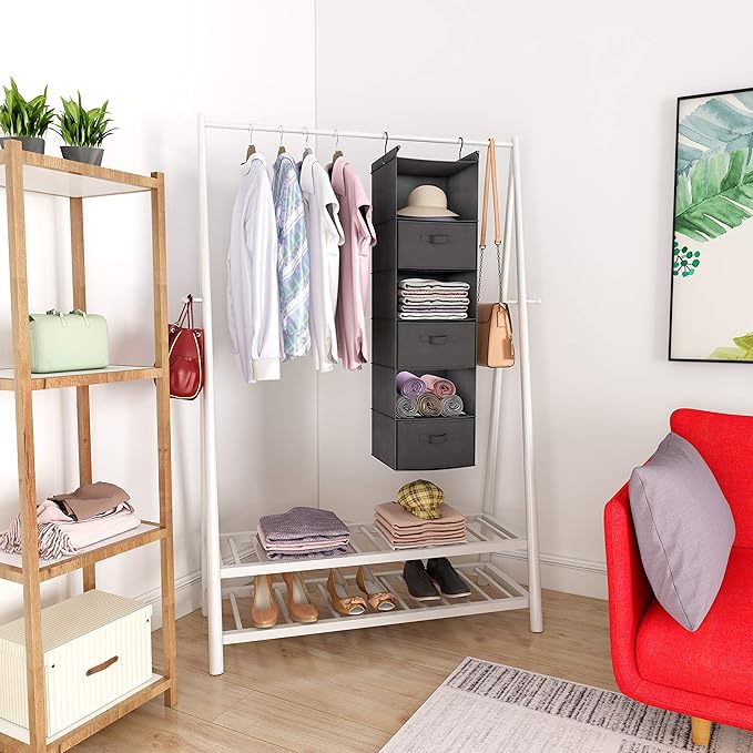 MAX Houser 6 Tier Shelf Hanging Closet Organizer, Closet Hanging Shelf with 2 Sturdy Hooks for Storage, Foldable (Grey-D3)