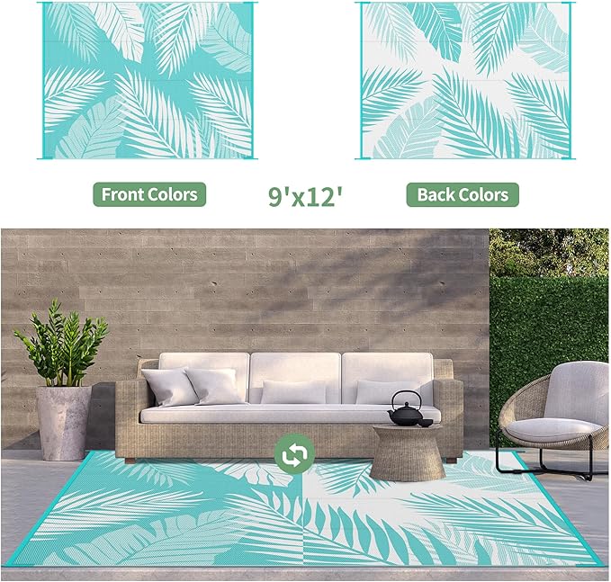 GENIMO Outdoor Rug 9' x 12' Waterproof for Patios Clearance, Reversible Outdoor Plastic Straw Camping Rug Carpet, Large Area Rugs Mats for RV, Camper, Deck, Balcony, Porch, Beach, Aqua Blue&White