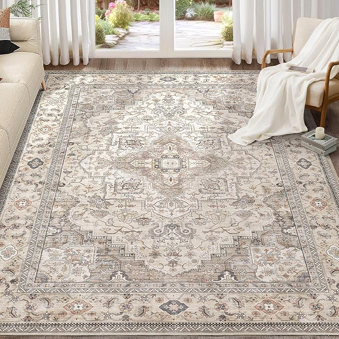 Washable Area Rugs for Living Room - 9x12 Neutral Vintage Distressed Floral Farmhouse Boho Large Soft Floor Rug Indoor Non Slip Carpet for Bedroom Dining Room Office - Brown/Multi