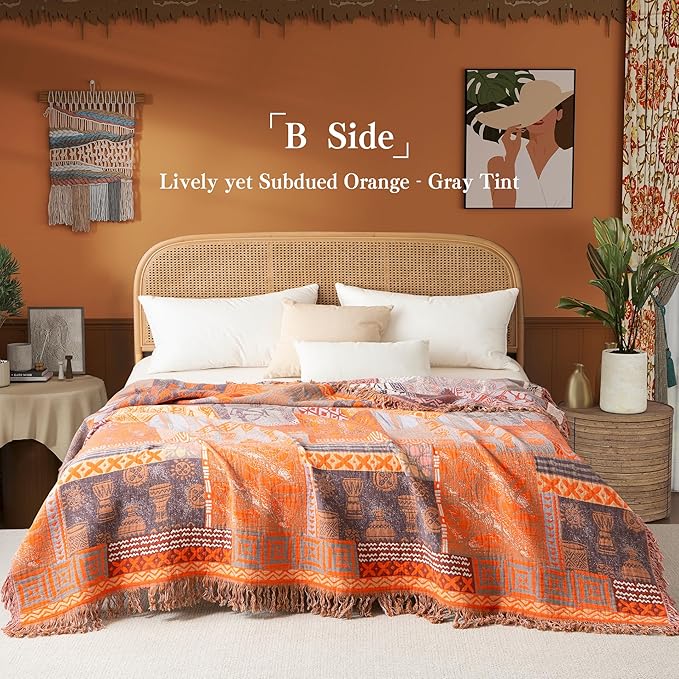Boho Throw Blanket Full Size, Extra Large Soft Cozy Cotton Muslin Quilt Blanket for Bed Decor, Patchwork Block Couch Sofa Chair Cover, Vintage Farmhouse Cottage Woven Blanket, Red&Orange