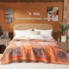 Boho Throw Blanket Full Size, Extra Large Soft Cozy Cotton Muslin Quilt Blanket for Bed Decor, Patchwork Block Couch Sofa Chair Cover, Vintage Farmhouse Cottage Woven Blanket, Red&Orange