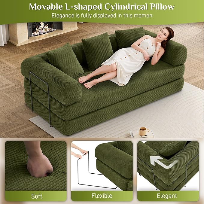 80.3" Convertible Sleeper Sofa Bed with Cylindrical Pillow, Corduroy Folding Mattress Couch with Fixed-Shape Frame, Modular Floor Sofa Lounge Couch for Living Room Bedroom Lounge, Green