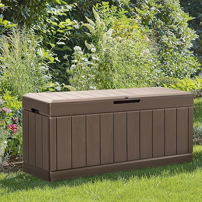 JUMMICO 83 Gallon Outdoor Deck Box Large Resin Storage Box for Patio Furniture Cushions and Garden Tools (Khaki)