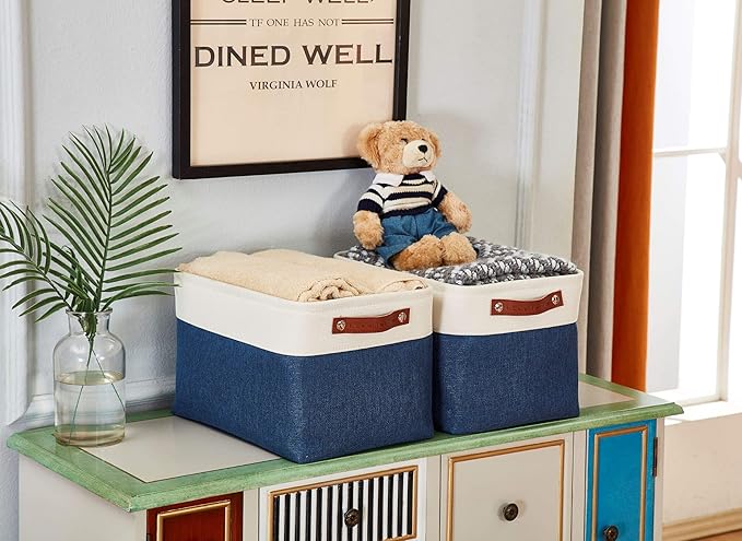 DECOMOMO Storage Baskets for Shelves - Fabric Closet Organizers and Storage Bins, Perfect Baskets for Organizing Closet Toys Nursery (Navy Blue and White, XL - 3 Pack)
