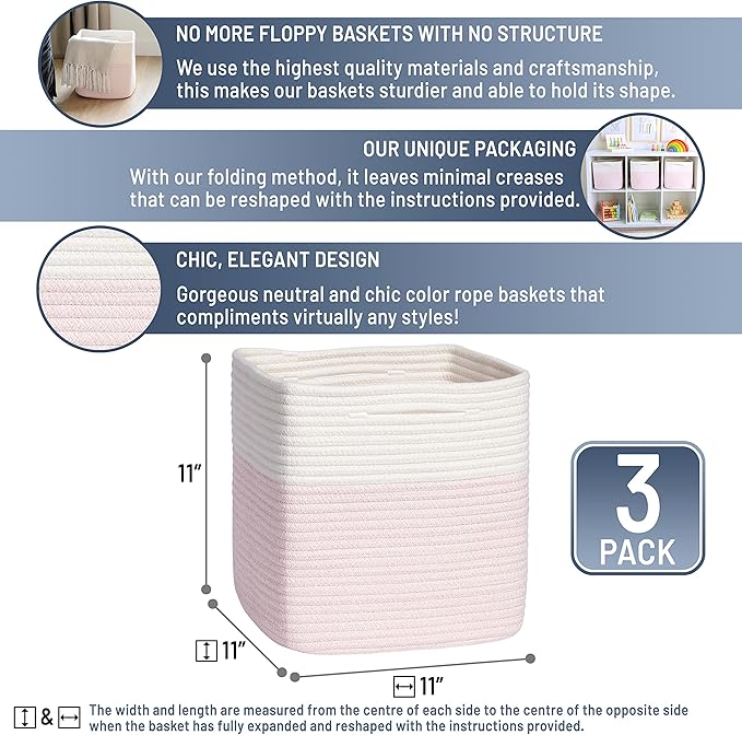 NaturalCozy Storage Cubes 11 Inch Cotton Rope Woven Baskets for Organizing, 3-Pack | Cube Storage Bin | Square Storage Baskets for Shelves Organizer, Classroom, Kids Toy Bins, Closet, Baby Nursery