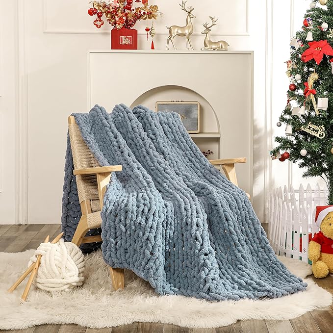 WESHIONGOO Chunky Knit Blanket Throw 50"×60" Knitted Throw Blankets for Couch Bed Fluffy Soft Blanket with Jumbo Chenille Yarn Thick 100% Handmade(Dusty Blue)