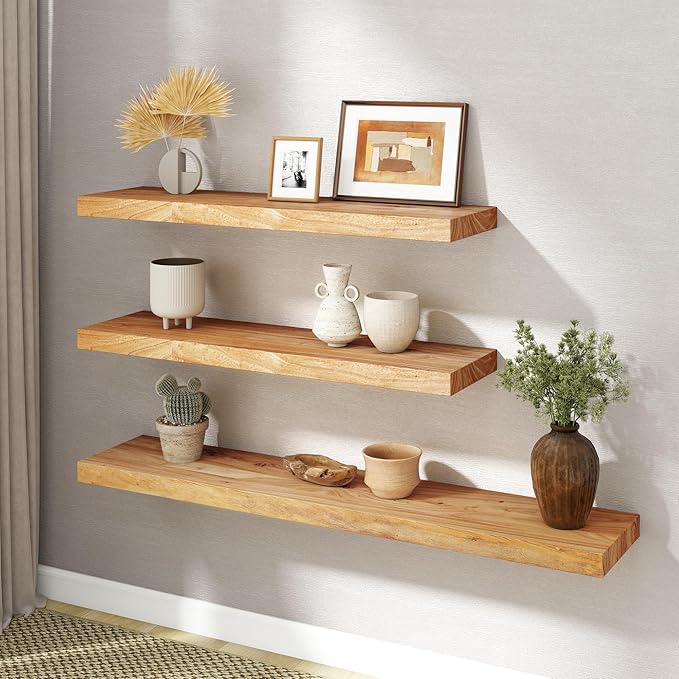 RICHFOCUS Elm Floating Shelves for Wall - 36" W x 9.3" D Rustic Solid Wood Shelves with Invisible Bracket, Wall-Mounted for Living Room, Bedroom, Kitchen Storage & Display, Set of 2, Natural