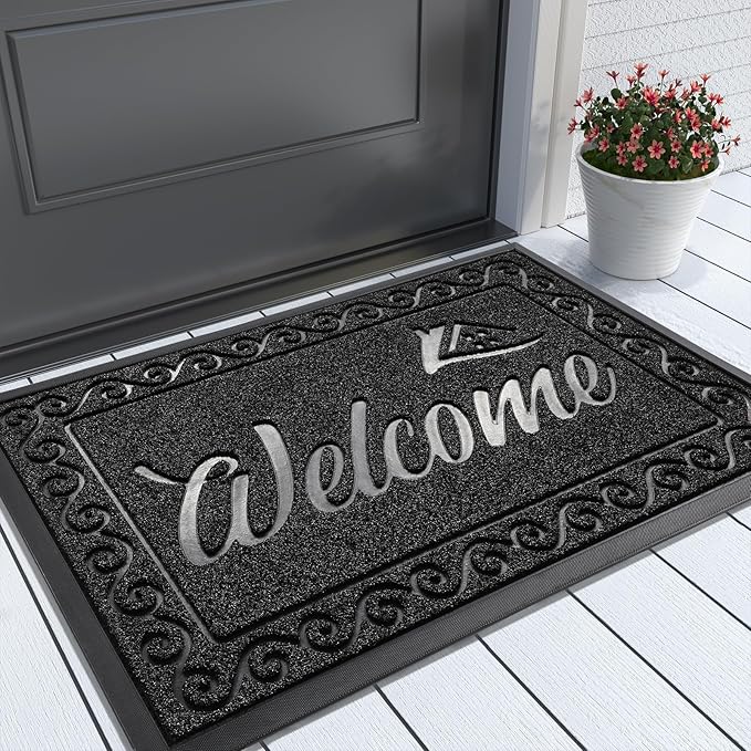 Yimobra Welcome Mat, Heavy Duty Durable Door Mats for Home Entrance Outdoor Indoor, Front Doormat for Outside Patio Floor Entry Porch Garage Office, Waterproof, Low Profile, 29.5 x 17, Black