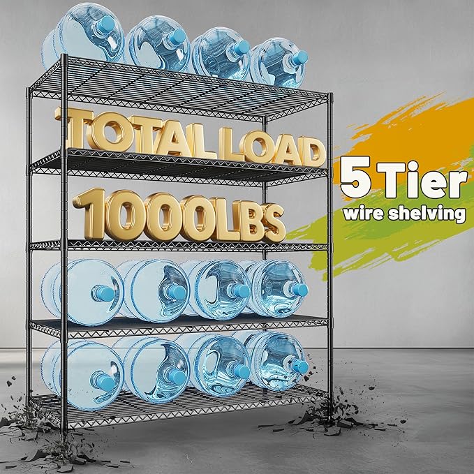 REIBII 45.5''W Storage Shelves Wire Shelving, 5 Tier Pantry Shelves for Storage Rack, Adjustable Metal Shelving for Pantry Kitchen Steel Shelving, 45.5" W x 71" H x 17.7" D