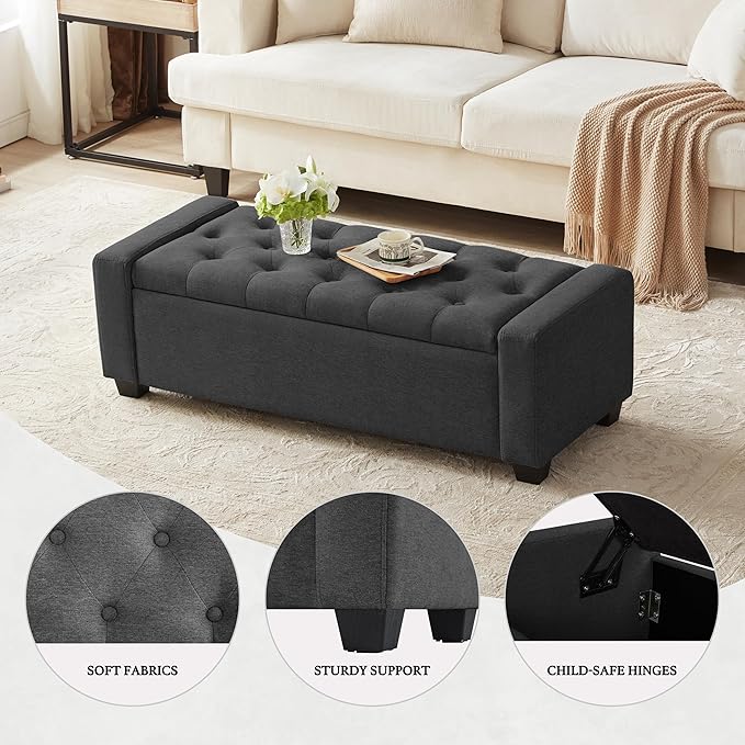 48" Ottoman with Storage, Storage Ottoman Bench with Safety Hinge, Upholstered Entryway Bench with Seating for Bedroom, Living Room, Holds up to 330 lb, Dark Gray