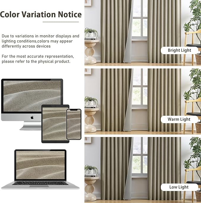 RAIN CITY Taupe Blackout Linen Blend Curtains&Drapes 144 Inch Long 12ft Length Custom Made High Ceiling Draperies with Hooks 2 Story Light Blocking Curtains for Loft Sliding Door 50 Wide Set of 2