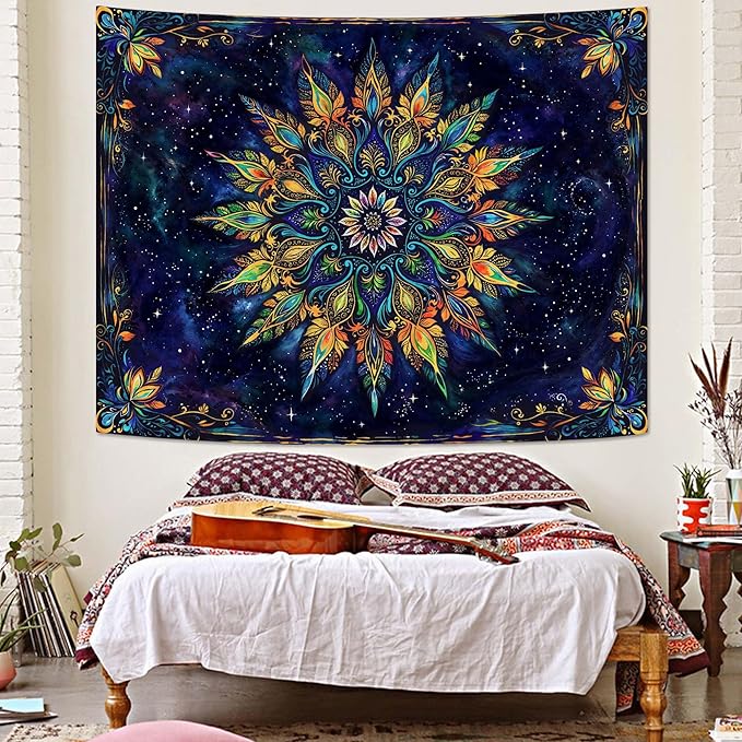 Fowocu Boho Floral Mandala Tapestry for Bedroom Aesthetic Blue Bohemian Colorful Flower Wall Tapestry Purple Hippie Indian Small Tapestries Wall Hanging for Living Room Dorm Decor 60 x 44 Inch