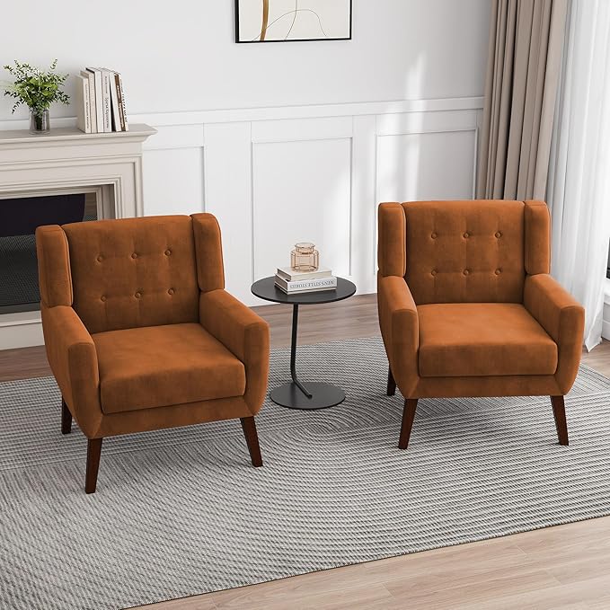 UIXE Accent Chair, Velvet Upholstered Armchair for Living Room, Modern Club Arm Chairs Comfy Single Sofa Button Tufted Bedroom Reading Seat - Orange, Set of 1