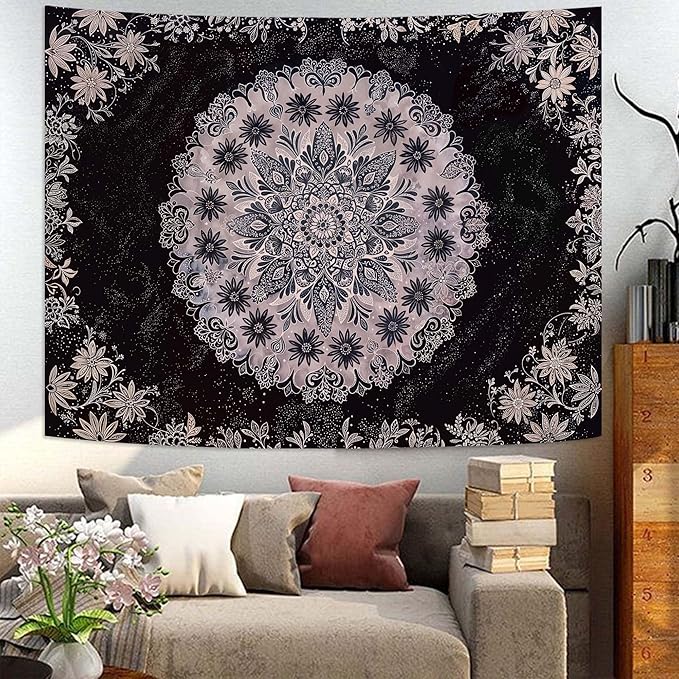 Fowocu Boho Floral Mandala Tapestry Wall Hanging Grey Bohemian Flower Medallion Tapestry Aesthetic Gray Black Hippie Indian Small Tapestries for Bedroom Living Room Dorm Decor 48 x 36 Inch