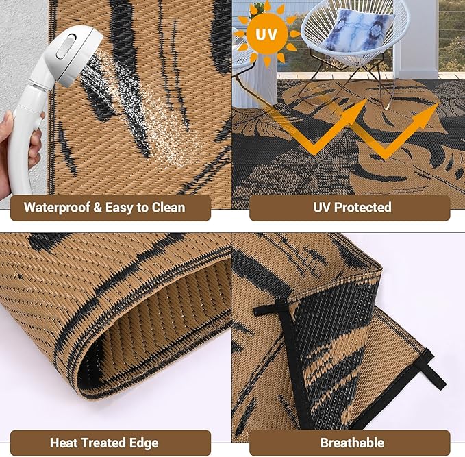 GAOMON Outdoor Patio Rug 9x18 Waterproof Outdoor Plastic Straw Rug Reversible Camping Mat, Foldable Portable RV Picnic Carpet with Bag & 4 Stakes, UV Resistant Outside Carpet for Deck Balcony, Brown