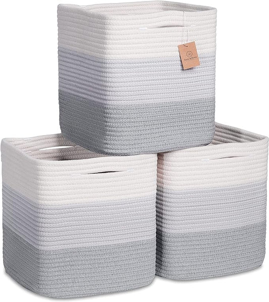 NaturalCozy Storage Cubes 11 Inch Cotton Rope Woven Baskets for Organizing, 3-Pack | Cube Storage Bin | Square Storage Baskets for Shelves Organizer, Classroom, Kids Toy Bins, Closet, Baby Nursery