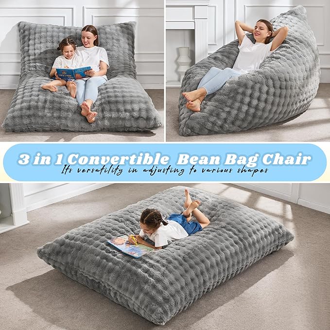 Hobestluk 3 in 1 Bean Bag Chair Giant Bean Bag Chairs for Adults with Bubble Cover Convertible Bean Bag Floor Cushion with Machine Washable Cover for Living Room (Bubble Grey)