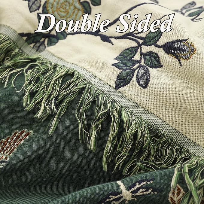 Snycler Boho Throw Blanket for Bed - 100% Cotton Ultra Soft Rustic Quilt Green Hummingbird Printed Farmhouse Decor Bed Blankets,60"×80" All Season Rustic Throw for Sofa Couch Chair
