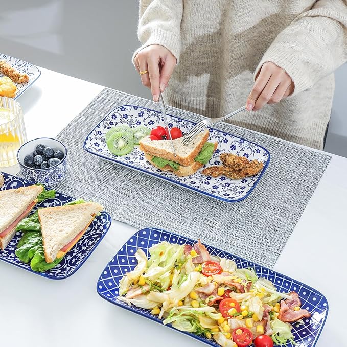 Selamica Ceramic Serving Platters, 14 Inch Serving Trays for Party Entertaining, Large Rectangular Serving Plates for Appetizer, Charcuterie, Dessert, Fruit, Set of 4, Vintage Blue