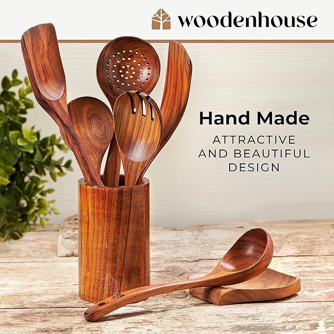8 Pcs Teak Wooden Utensil Set with Holder, Spoon Rest & 6 Hooks - Durable Wooden Spoons for Cooking with Comfort Grip - Effortless Clean, Non-Stick Friendly