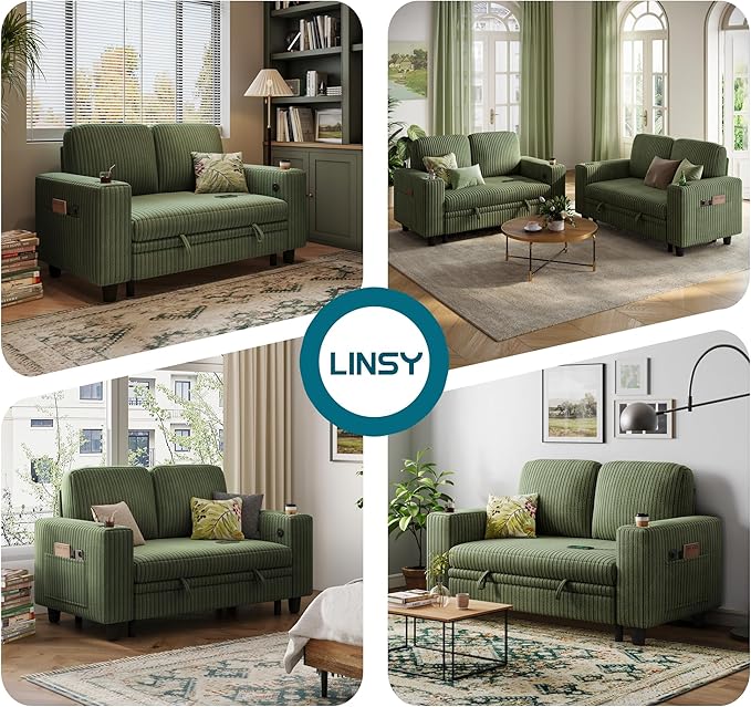 LINSY HOME Loveseat Sofa with Pull Out Couch Chaise: 2-in-1 Convertible 2 Seater Sofa with USB Charging & Cup Holders, Comfy Plush Corduroy Love Seat for Small Spaces Living Room Apartment, Green
