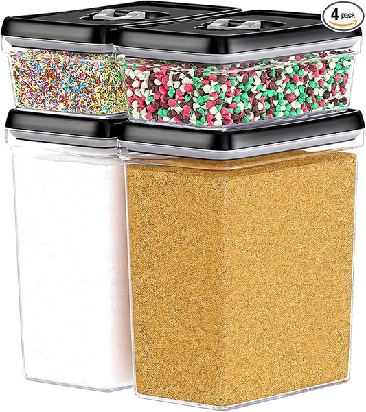 DWËLLZA KITCHEN Large Airtight Food Storage Containers - Clear Plastic Bulk Food Pantry & Kitchen Storage Containers for Flour, Sugar and Baking Supplies 4 Pcs. BPA-Free, Keeps Fresh & Dry (Black)