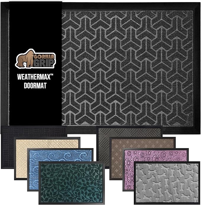 GORILLA GRIP 100% Waterproof All-Season WeatherMax Doormat 35x23, US Designed Natural Rubber, Stain and Fade Resistant, Low Profile Indoor Outdoor Door Mats, Easy Clean Patio Mat, Slate Geometric
