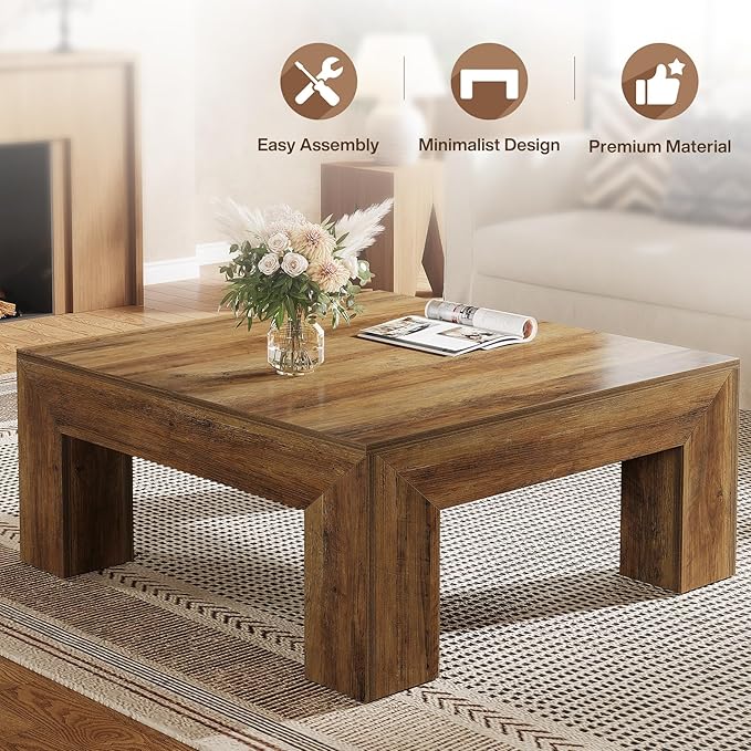 Tribesigns 39.4-Inch Square Coffee Table for Living Room, Farmhouse All MDF Accent Center Cocktail Table with Sturdy Wooden Legs, Easy Assembly, Rustic Brown