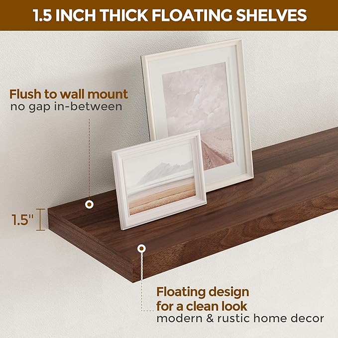 Floating Shelves 48 Inch Long, 48"W x 9"D Wall Shelf Invisible Bracket, 9 Inch Deep Floating Shelf for Wall, Rustic Wooden Shelves for Living Room, Kitchem, Bedroom, Walnut Color, Set of 1