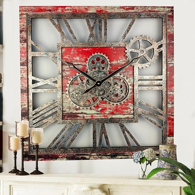 The Gears Clock 24'' Inch Square Real Moving Gear Wall Clock Vintage Industrial Oversized Rustic Farmhouse (Red Lava)