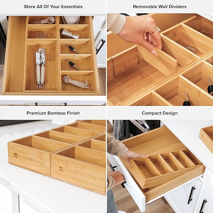 Premium Kitchen Utensils and Junk Drawer Organizer – Small 5-Compartment Design with 4 Removable Dividers, Non-Slip Feet, 100% Sustainable Bamboo, 2 Pack