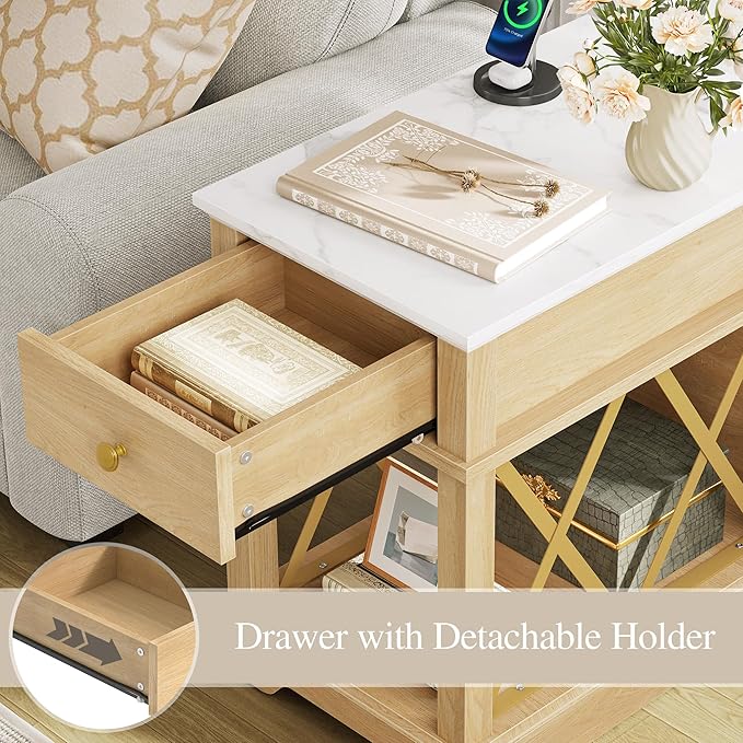 Farmhouse End Table with Charging Station & Drawer by YITAHOME