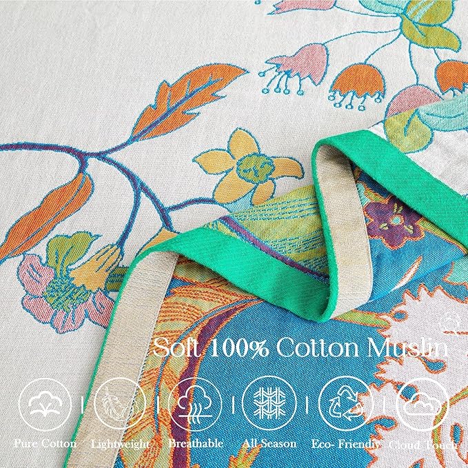 Summer Throw Blanket, 90"x98" Reversible Bohemian Flower Blanket, 100% Cotton Muslin Breathable Woven, Farmhouse Decorative Throw Blanket