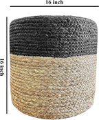 Jute Pouf Ottoman | Footrest Pouf | Hand Braided - Round Boho Pouffe - for Living Room, Bedroom, Nursery (16"x16"x16") Black