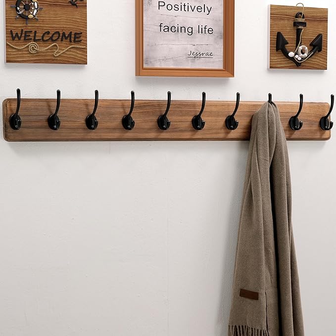 Dseap Wall Mounted Coat Rack: 38-1/4" Long, Patented, Heavy-Duty, 10-Double-Hooks Wooden Hanger Rail for Winter Coats, Hats, Jackets, Clothing - Natural & Black, Pack of 2