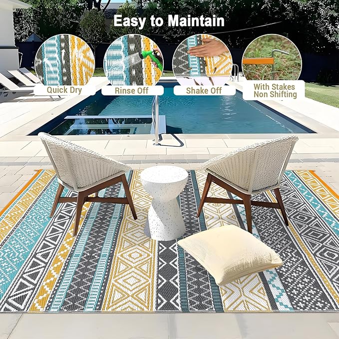 GAOMON Outdoor Rug for Patio 5'x8' Reversible Plastic Rugs Camping Mat for Outdoor, RV, Backyard, Deck, Balcony, Picnic, Beach, Teal/Yellow(Bohemia)