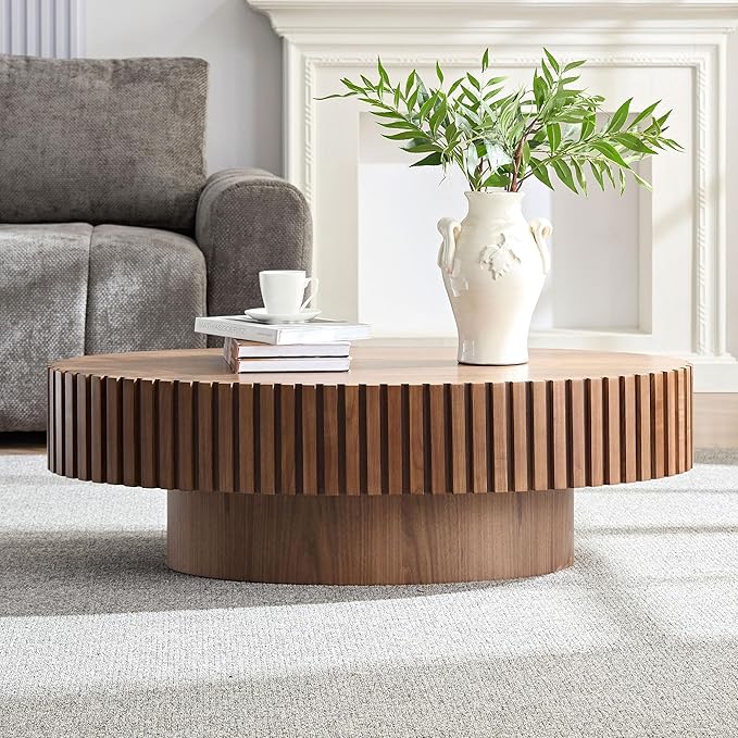 Oval Coffee Table for Living Room, Modern Fluted Coffee Tables with Pedestal Base, Handcrafted Centre Tea Tables Easy Assembly-43.7" Walnut