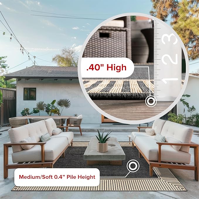 nuLOOM 2' x 8' Outdoor Area Rug, Casual Design With Striped Border, Stain Resistant, Highly Durable, For Patio, Balcony, Bedroom, Living Room, Dining Room, Bathroom, Dark Grey