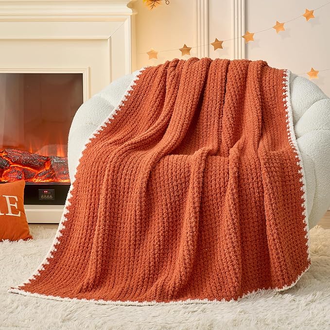 Snuggle Sac Orange Waffle Throw Blanket for Couch Bed Sofa 50x60 inches, Reversible Blanket Microfiber Fluffy Fuzzy Cozy Knit Soft Throws for Women Mothers Birthday Gifts