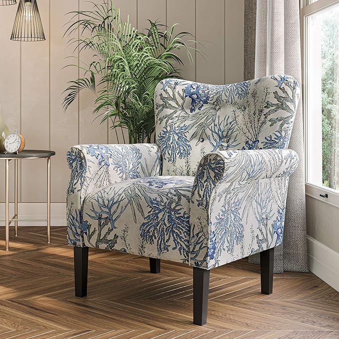BELLEZE Modern Accent Chair for Living Room, High Back Linen Armchair with Wooden Legs, Upholstered Wingback Side Chair Padded Armrest Single Sofa for Living Room, Bedroom - Allston (Blue Coral)