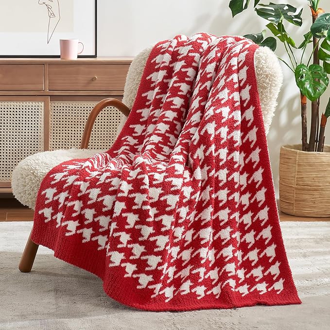 Snuggle Sac Christmas Red Houndstooth Throw Blanket for Couch, Reversible Super Soft Warm Blankets Cozy Knit Fuzzy Plush Lightweight Throws for Sofa Bed Houndstooth Red, 50x60 inches