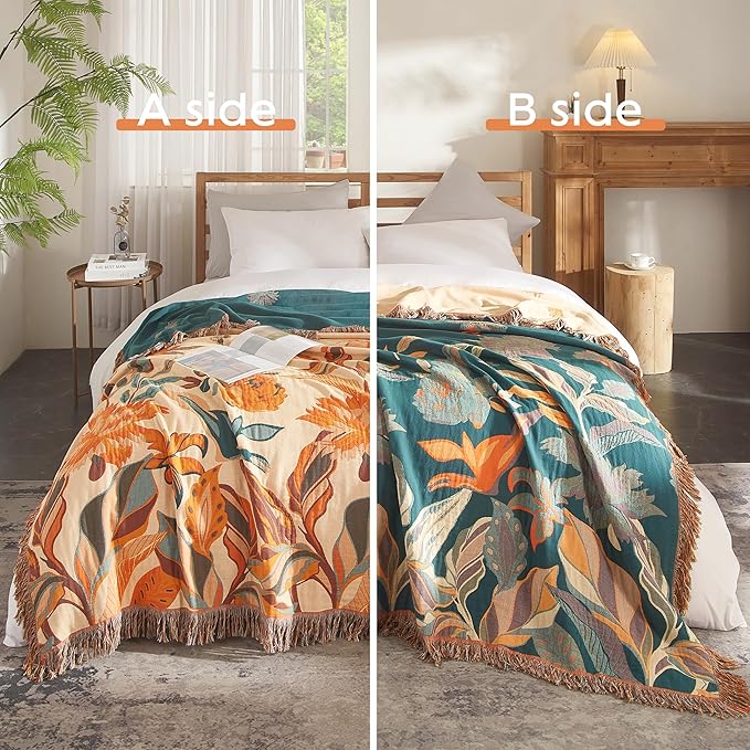 Boho Throw Blanket for Bed 90”x98”, 100% Cotton Woven Blanket for Couch Sofa, Ultra Soft 4-Layer Muslin Quilt with Floral Printed, Farmhouse Bed Blanket/Cover for Living Room Decor