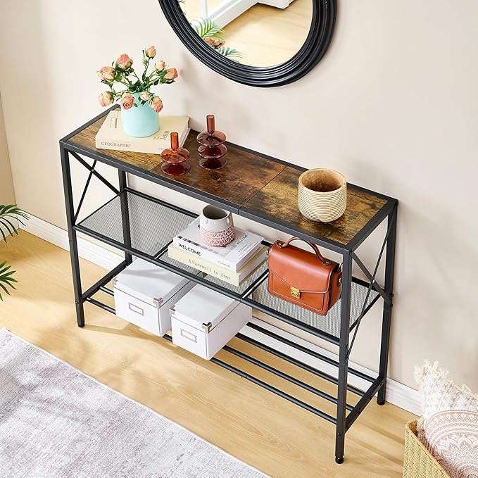 Hoctieon Industrial Console Table, 3 Tier Entryway Table, Hallway Table, Narrow Sofa Table with Shelves, Entrance Table for Entryway, Living Room, Foyer, Hallway, Office, Rustic Brown&Black