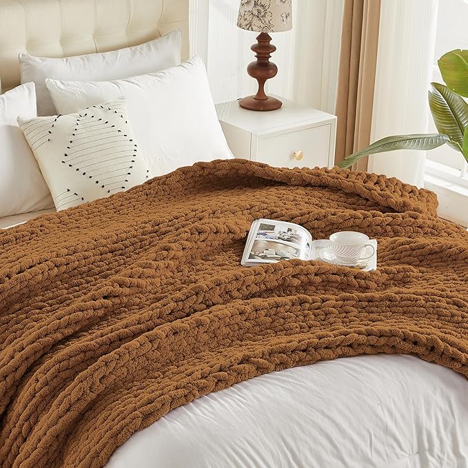 Carriediosa Chunky Knit Throw Blanket 50" X 60", 100% Hand Made Large Chenille Loop Yarn Soft Fluffy Throws for Couch Sofa Bed, Big Crochet Cozy Heavy Thick Cable Woven Blanket, Light Brown