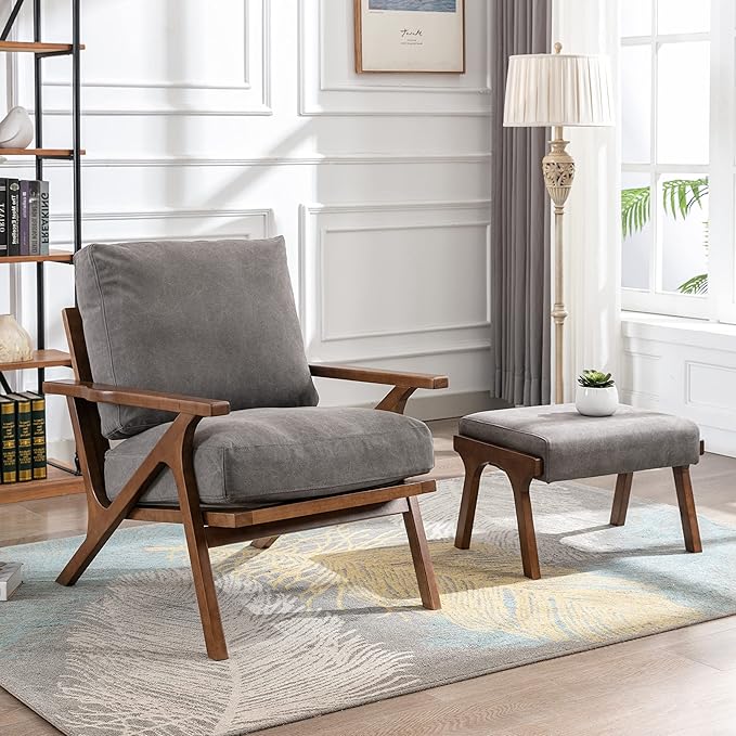 chairus Mid-Century Modern Accent Chair with Ottoman, Linen Fabric Armchair with Wood Legs Comfy Upholstered Single Sofa Chair for Living Room/Bedroom/Lounge, Grey